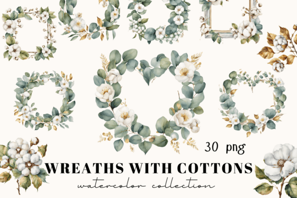 Watercolor Wreath with Cotton Flowers: A Rustic Design Asset